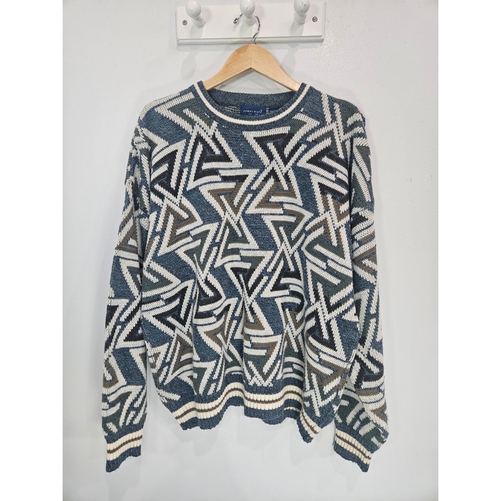 Towncraft Vintage 90s Geometric Triangle Knit Sweater Blue 2XLT 2XL Tall